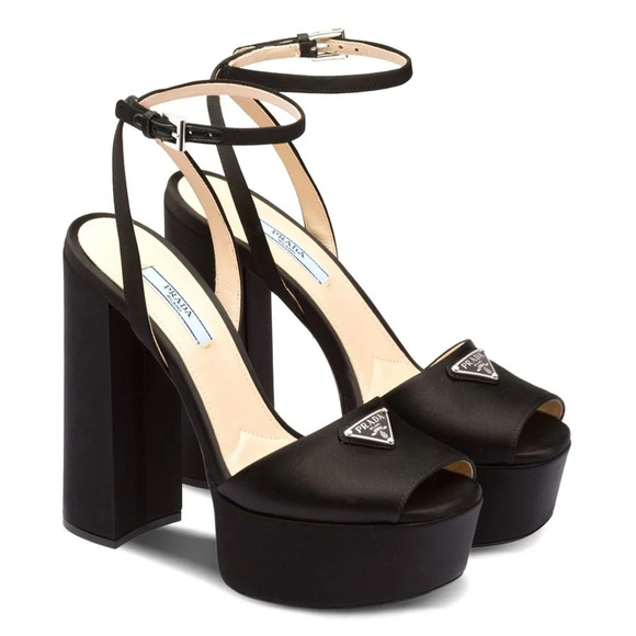 Prada 135mm Black Satin Logo Platform Sandal Ankle Strap Block Heel Pump 41.5 - Picture 3 of 14